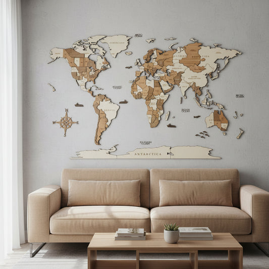 3D wereldkaart in hout - multicolor