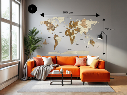 3D wereldkaart in hout - multicolor