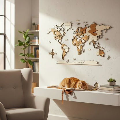 3D wereldkaart in hout - multicolor