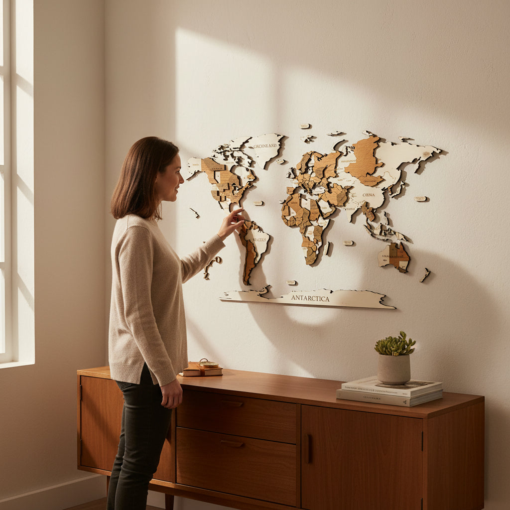 3D wereldkaart in hout - multicolor