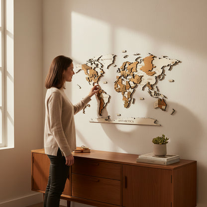 3D wereldkaart in hout - multicolor