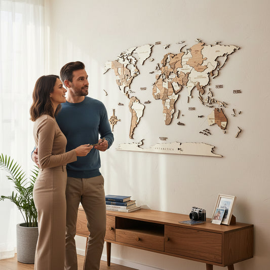 3D wereldkaart in hout - multicolor