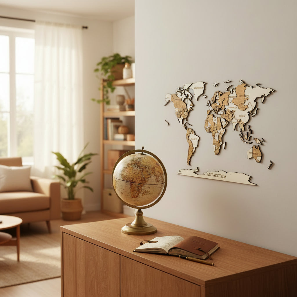 3D wereldkaart in hout - multicolor